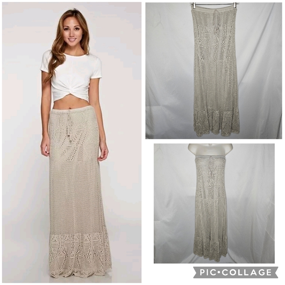 Womens Lovestitch Crochet Maxi Skirt Dress Tassel Lined BOHO Cottagecore Size M